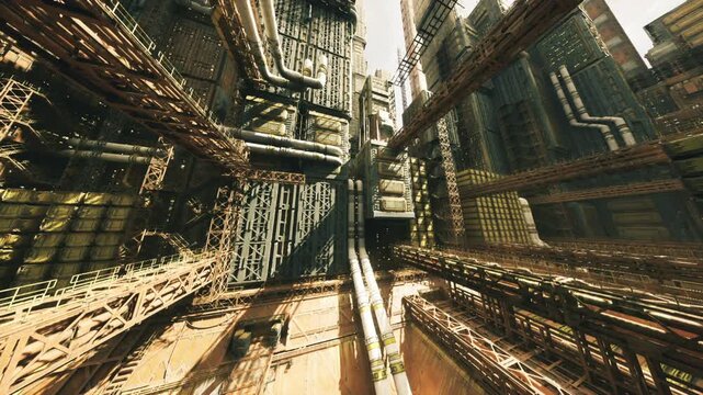 sweeping factory intersection with converging pipes and overhead walkways, wideangle composition reveals layered trusses, vertical shafts and bright sky