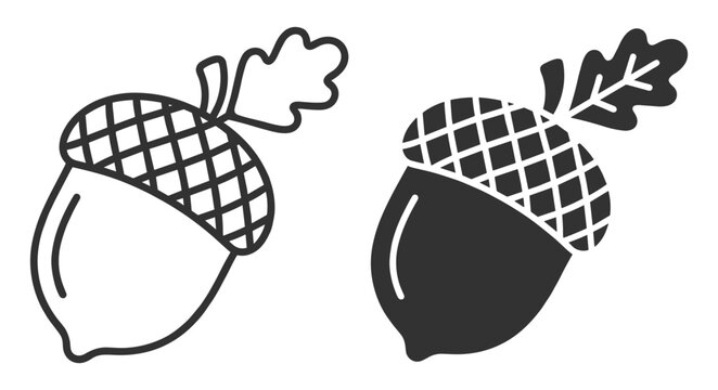 acorn icon vector set, outline and solid styles, nature and autumn symbol on transparent background