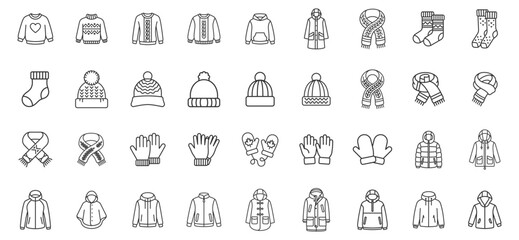icon set of winter clothing and accessories including sweaters hats scarves gloves socks jackets and coats on transparent background © gerik_a