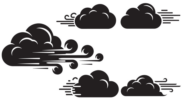 Stylized wind blowing cloud icons in dark silhouette isolated on transparent background for weather design and forecast concepts