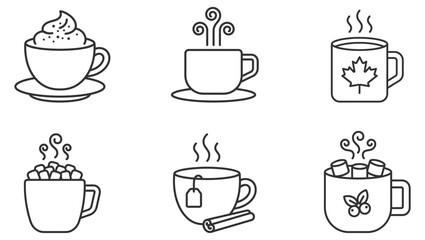 Obraz premium hot beverage cups icons with different drink types line art vector illustration on transparent background