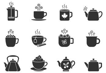 Obraz premium black tea and coffee cups and kettles icons set on transparent background