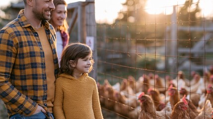 Obraz premium Family visiting chicken farm outdoors