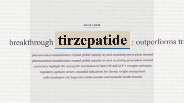 Tirzepatide breaking news headlines macro text montage, dual GLP1 GIP receptor agonist medical journal stop motion typography