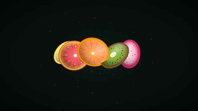 Vibrant Animated Fruit Slices Randomly Assembling And Reassembling On A Dark Background With Subtle Particle Effects