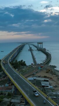 Vertical Aerial View of Pamban Bridge Rameswaram Tamil Nadu India