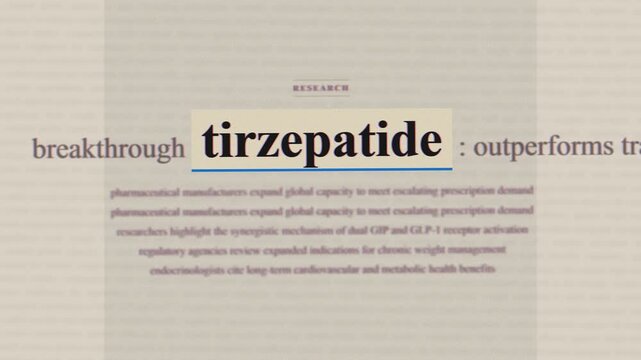 Tirzepatide vintage archival medical records text montage, retro pharmaceutical microfiche newspaper typography stop motion
