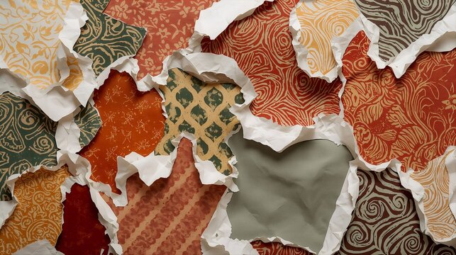 Torn Paper Collage of Mixed Bohemian Patterns with Swirls Lattice and Wood Grain Motifs