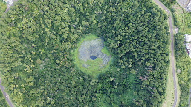 Aerial drone view of Trou aux Cerfs dormant volcanic crater in Curepipe, Mauritius