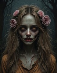 Obraz premium portrait of a pale zombie girl with sunken eyes. Disheveled hair with roses, brown kimono with red embroidery. Horror, thriller, mystery style
