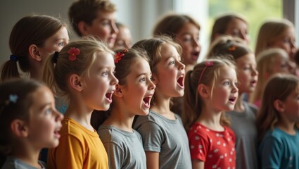 Obraz premium Group of children singing joyfully in a bright room, wearing colorful shirts, with expressions of enthusiasm and excitement, facing towards a window with natural light