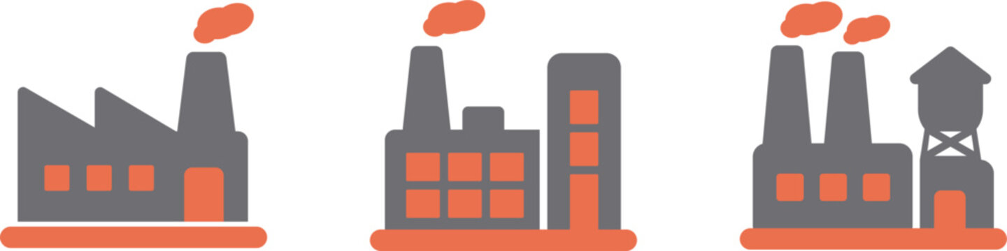 Factory Icon Set. Industrial Plant Symbol. Simple Pictogram for Manufacturing, Production, Warehouse, Industry, Engineering and Industrial Facility.