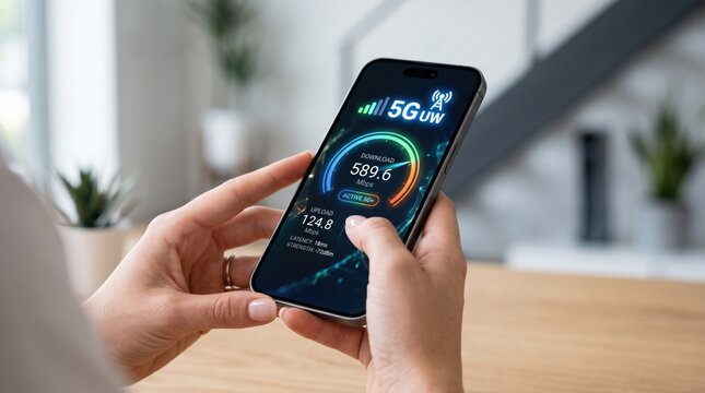 Close up of person holding smartphone displaying ultra fast 5G internet speed test results on screen, symbolizing modern mobile connectivity, high performance wireless