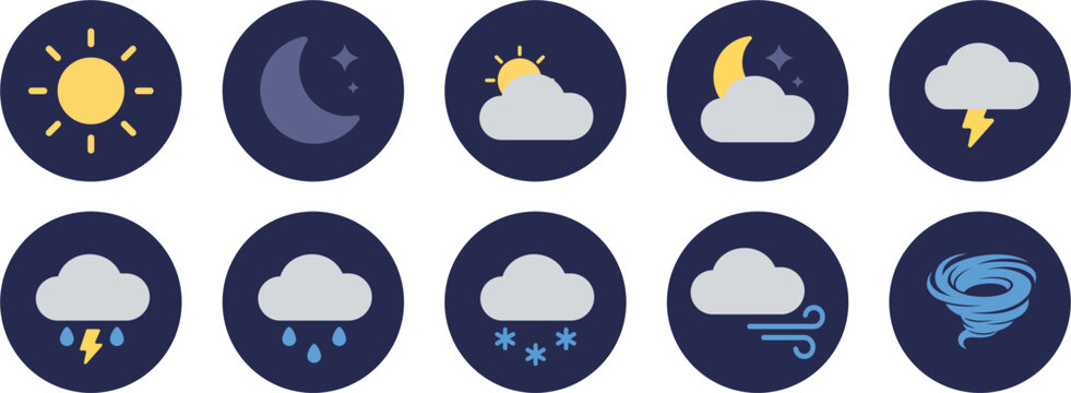 Weather Icon Set. Forecast Symbol Collection. Simple Pictogram for Sunny, Night, Cloudy, Rain, Snow, Thunderstorm, Wind, Tornado and Climate Applications.