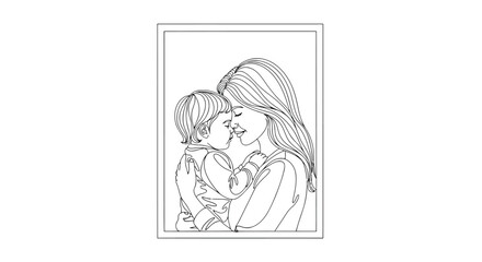 Tender line art drawing of a mother kissing her child on the cheek baby