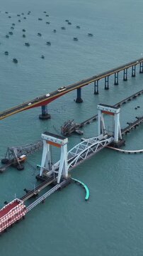 Vertical Aerial View of Pamban Bridge Rameswaram Tamil Nadu India