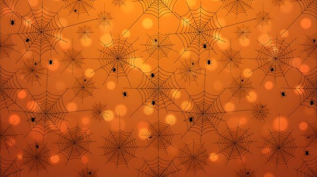 A festive orange halloween wallpaper featuring a repeating pattern of spooky spider webs and glowing bokeh lights perfect for seasonal holiday backgrounds and digital design