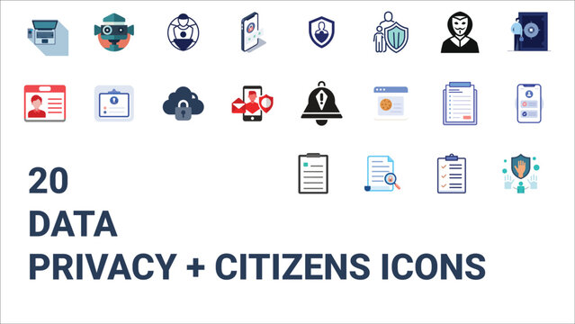 Data privacy and citizens icons &ndash; personal data rights, consent, and digital identity symbols.