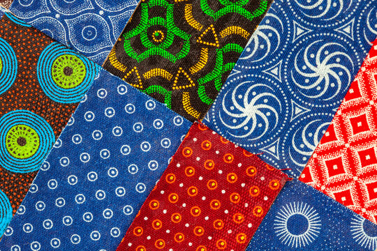 Close-up patchwork of authentic South African shweshwe fabric with traditional African patterns