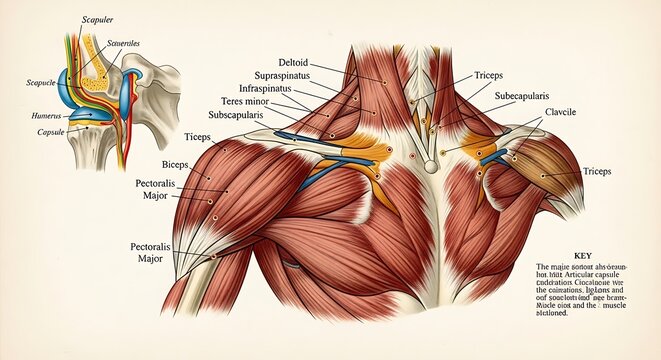 Detailed Human Shoulder Anatomy Diagram Illustration.