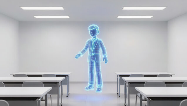 Empty classroom, hologram student, digital figure, futuristic education, virtual reality, modern interior