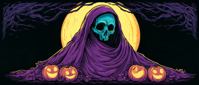 A ghost with a skull face sits surrounded by smiling pumpkins. The scene is set under a large bright moon with dark branches around it