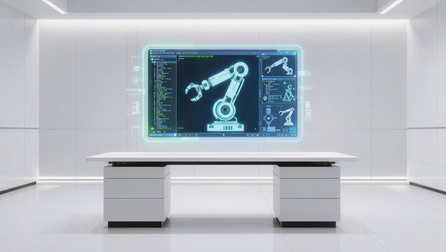 White laboratory room, robotic arm display, futuristic design, clean interior, modern workstation, digital interface