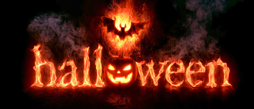 Flames form the word Halloween with a pumpkin and bat above it. The scene has a dark background, creating a spooky effect for the holiday