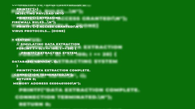 Black background with green programming code, simulating a hacker terminal or cybersecurity interface in action.