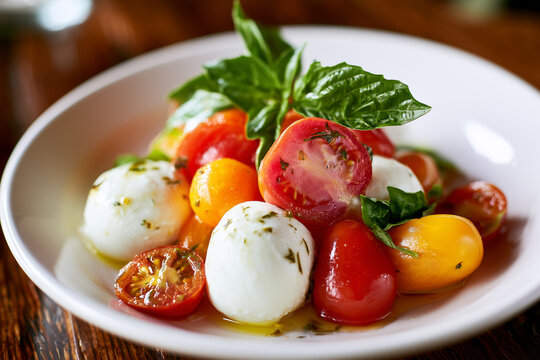 Caprese with locally sourced uniquely shaped tomatoes, fresh basil, and creamy farm mozzarella