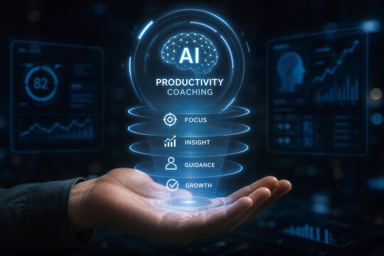 AI Productivity Coaching intelligent coaching layers interpreting attention patterns for real time guidance individualized focus support futuristic hand presenting hologram dark tech environment
