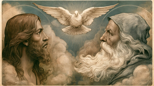 Illustration shows Jesus and God the Father in profile, facing each other. A dove represents the Holy Spirit above them with light rays in a vintage style