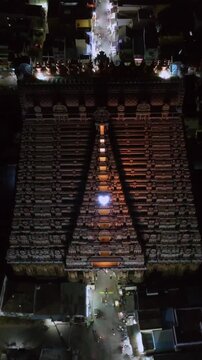 Vertical Aerial Night View of Sri Ranganathaswamy Temple, Srirangam, Tamil Nadu