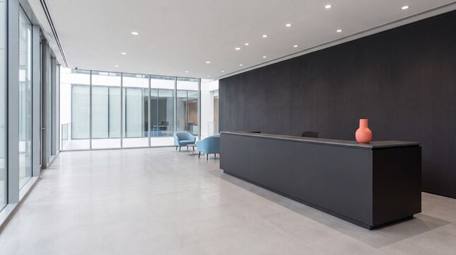 Modern luxury corporate office reception area interior design with dark reception desk counter, terracotta vase, blue armchairs in waiting area, glass windows, and copy space background mockup layout