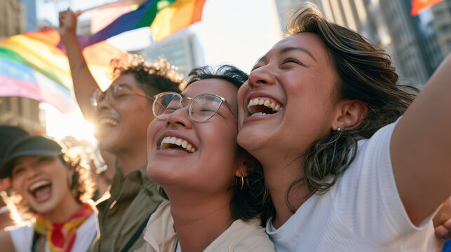 Group of Diverse People Celebrating Joyfully during the vibrant Pride Parade LGBT Sao Paulo Event in a Sunny Urban City Street
