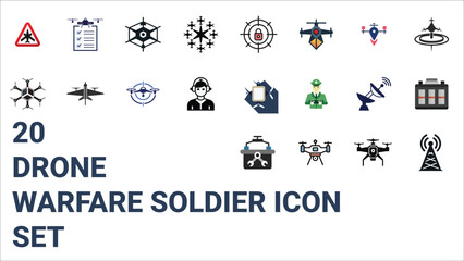 Fototapeta premium Drone warfare soldier icon set – UAV operations, surveillance, and precision strike symbols.