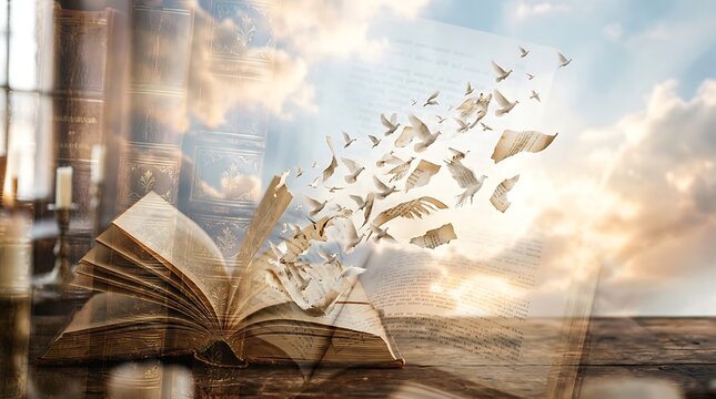 An open book, its pages transforming into birds soaring against a dramatic sky, symbolizing freedom, imagination, and the power of knowledge