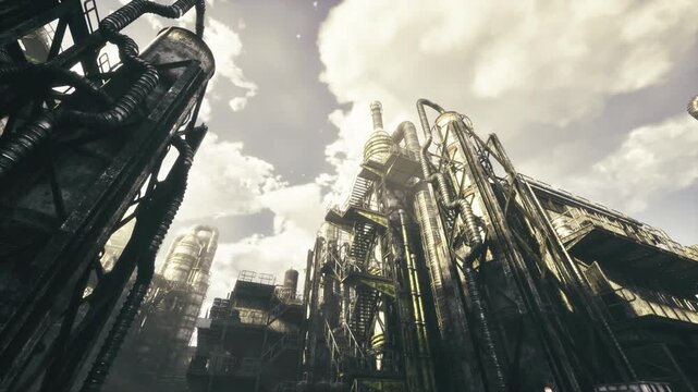 Giant industrial towers under cloudy sky, ominous atmosphere, dense pipework and shadowed silhouettes, urban explorer route implied by rusted catwalks