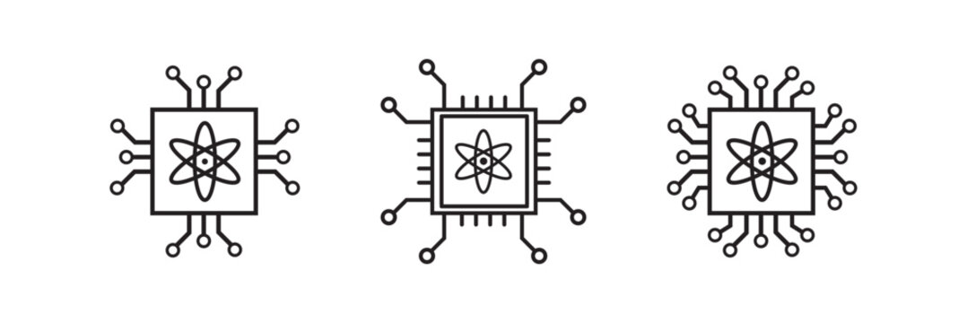 Quantum Computing Circuit Outline Icon Set with Atomic Processor Symbols Isolated on White Background. Perfect for artificial intelligence, scientific research, digital networks. vector illustration 