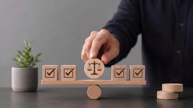 Hand balancing wooden blocks with checkmarks and scale of justice icon on wooden lever. Concept of legal compliance, business ethics, and regulation