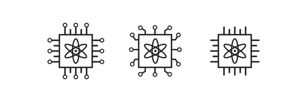 Quantum Computing Circuit Outline Icon Set with Atomic Processor Symbols Isolated on White Background. Perfect for artificial intelligence, scientific research, digital networks. vector illustration 