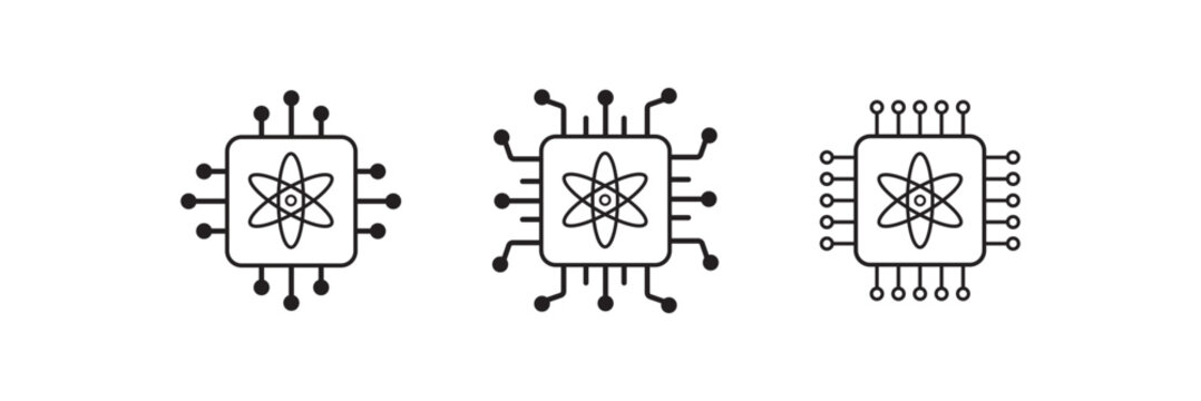 Quantum Computing Circuit Outline Icon Set with Atomic Processor Symbols Isolated on White Background. Perfect for artificial intelligence, scientific research, digital networks. vector illustration 