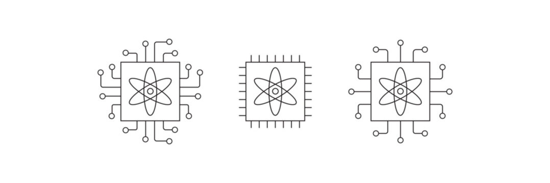Quantum Computing Circuit Outline Icon Set with Atomic Processor Symbols Isolated on White Background. Perfect for artificial intelligence, scientific research, digital networks. vector illustration 
