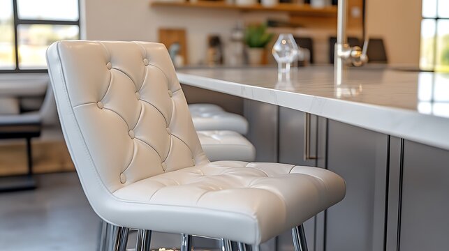 Modern White Tufted Bar Stool in Luxury Kitchen.