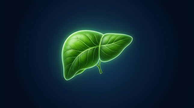Human liver shaped like a glowing green leaf symbolizing natural health, organ detox, herbal medicine, and wellness concept