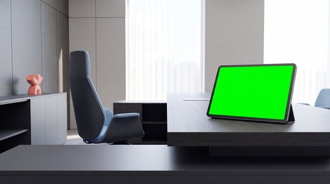 Digital tablet computer mockup with blank green screen chroma key display standing on dark wooden executive desk in modern office workspace setup with ergonomic blue chair background template