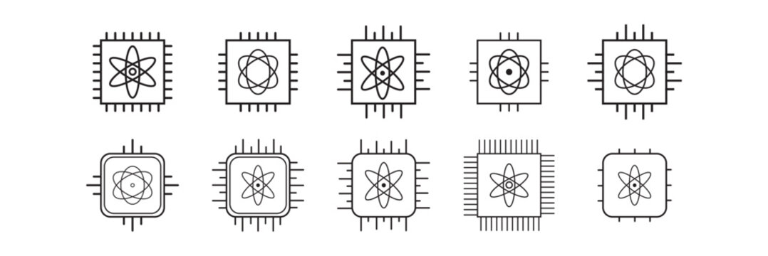 quantum computing icon set in clean vector outline style. Minimal editable icons isolated on a white background, ideal for technology websites, AI applications, and digital projects. eps10.