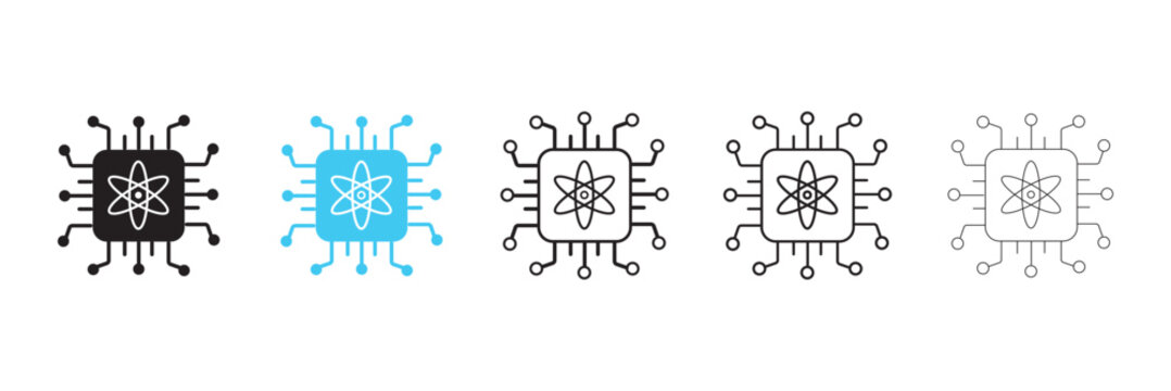 Quantum Computing icon set in Two Filled Colors and line Style. Perfect for quantum computing, artificial intelligence, technology websites, mobile apps, software interfaces, science projects.