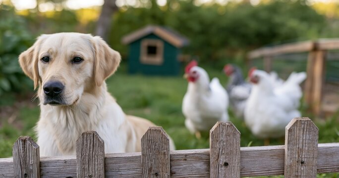 Golden retriever dog with chickens outdoors