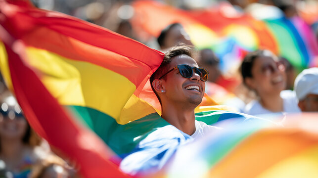 Young man smiling while wearing a rainbow flag at the colorful and vibrant Parade LGBT Sao Paulo street celebration